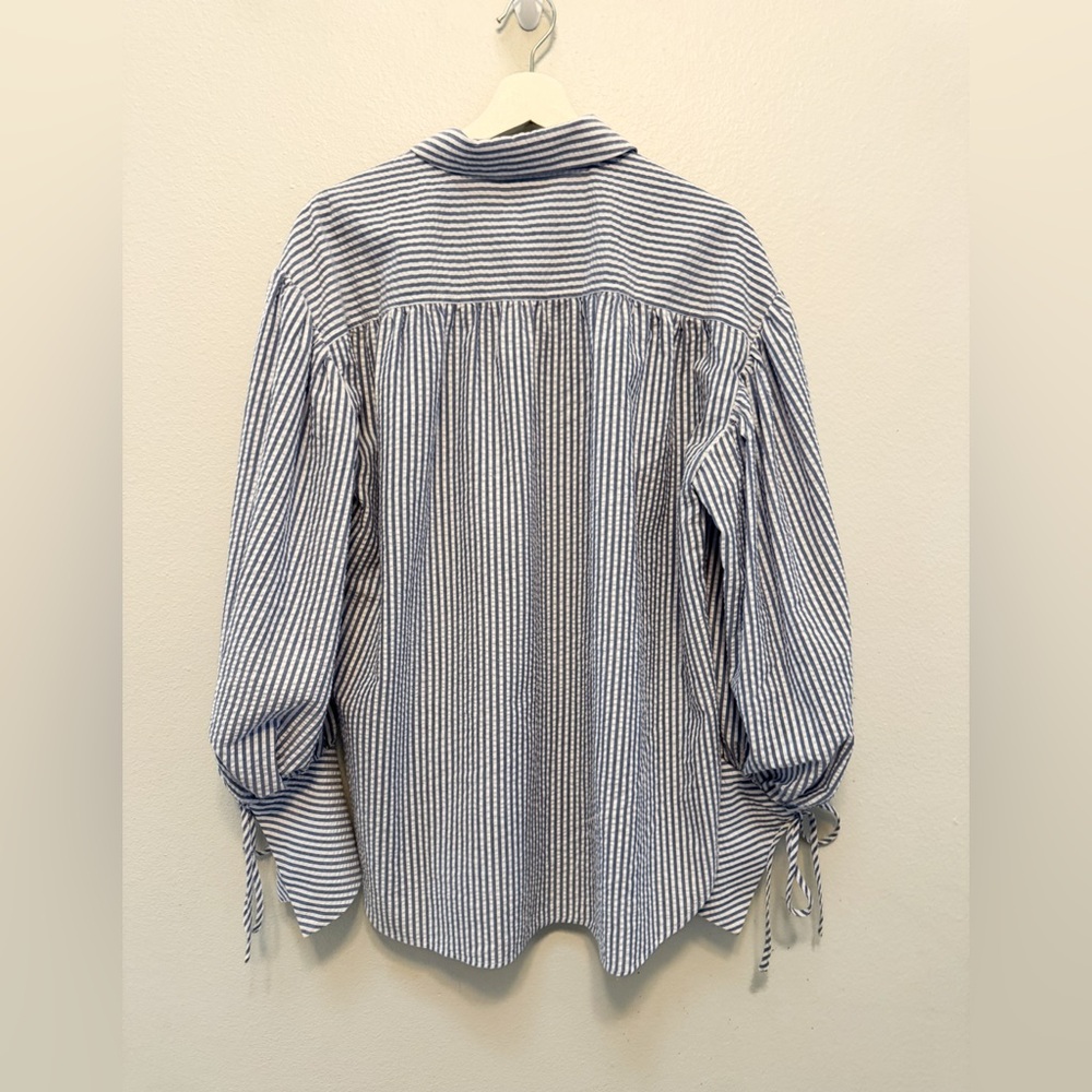 Shona Joy Roberta oversized tie cuff balloon sleeve top in blue and white stripe - Picture 3 of 10